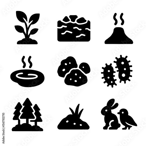 Volcanic Ecology Icons. Solid, filled icon set of volcanic ecology: pioneer plants, lava field, geothermal vent, hot spring,
