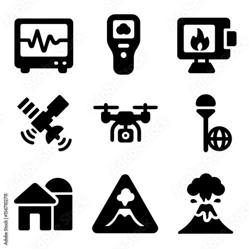 Volcanic Monitoring Icons. Solid, filled icon set of volcanic monitoring tools: seismograph, gas analyzer, thermal camera,