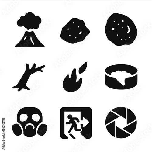 Volcano Icon Set. Solid, filled icon set of volcanic eruption debris: ash cloud, lava fragment, volcanic rock, broken tree,