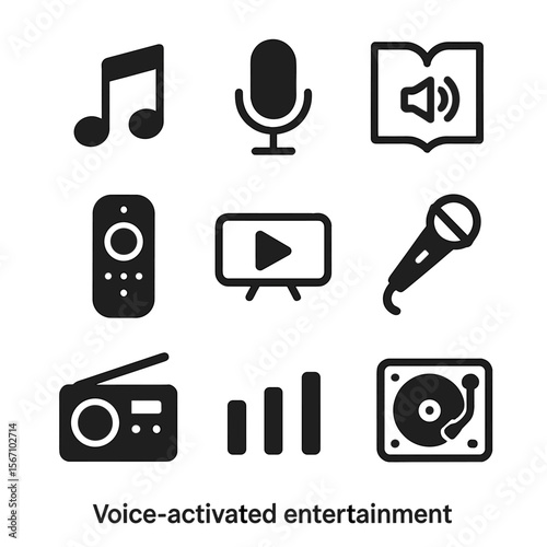 Voice-Activated Icons Set. Solid, filled icon set of voice-activated entertainment: music notes, podcast microphone, audiobook,
