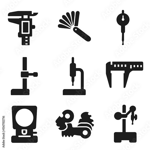 Precision Tool Icons. Solid, filled icons set of precision measurement instruments: digital caliper, feeler