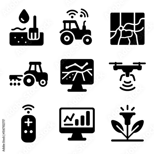 Precision Farming Icons. Solid, filled icons set of precision farming solutions: soil moisture sensor, GPS