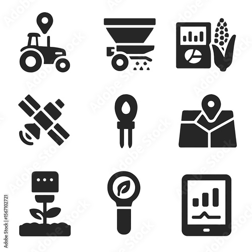 Precision Farming Tools. Solid, filled icons set of precision farming tools: GPS tractor, variable rate
