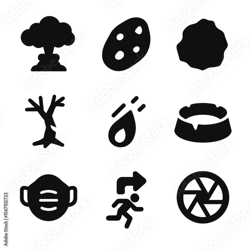 Volcano Icon Set. Solid, filled icon set of volcanic eruption debris: ash cloud, lava fragment, volcanic rock, broken tree,