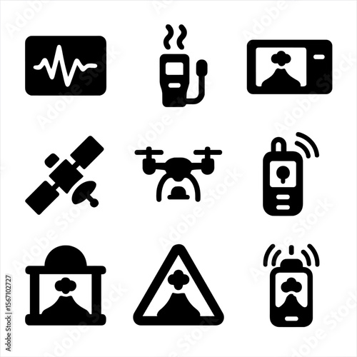 Volcanic Monitoring Icons. Solid, filled icon set of volcanic monitoring tools: seismograph, gas analyzer, thermal camera,