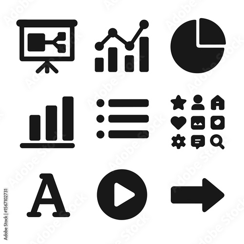 Presentation Icons Grid. Solid, filled icons set of presentation design: slide deck, infographic, pie chart,