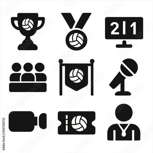 Volleyball Event Icons. Solid, filled icon set of volleyball tournaments and events: trophy, medal, scoreboard, audience, team