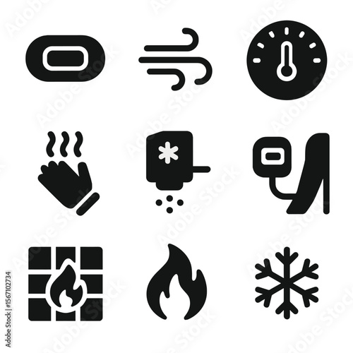 VR Thermal Feedback Icons. Solid, filled icon set of thermal feedback in VR: heat patch, cool breeze icon, temperature dial, warm