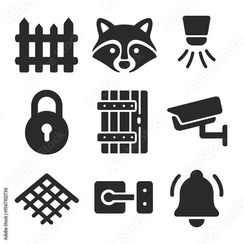 Predator Protection Icons. Solid, filled icons set of predator protection and safety: secure fence, raccoon