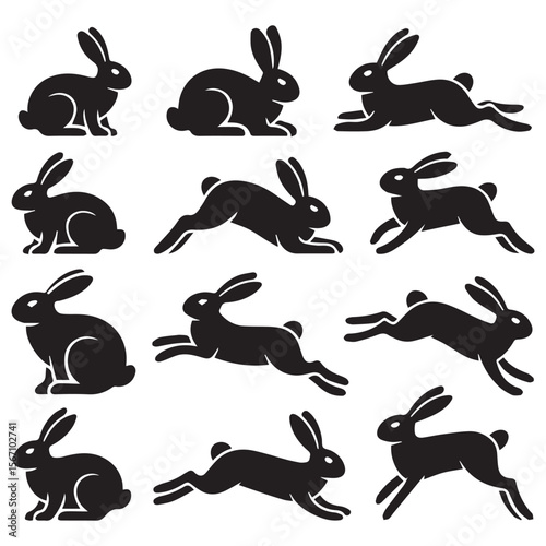 Collection of black silhouette rabbits in various dynamic poses on a white background