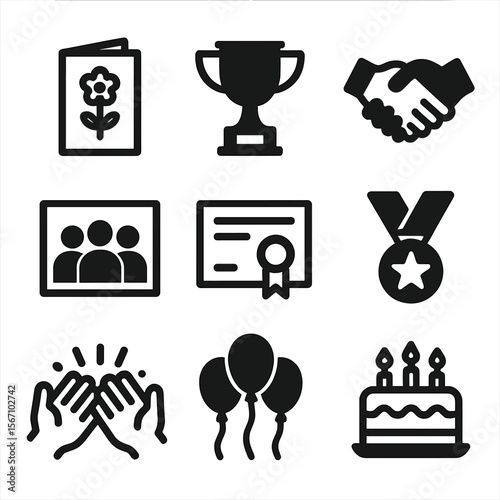 Volunteer Appreciation Icons. Solid, filled icon set of volunteer appreciation: thank you card, trophy, handshake, group photo,