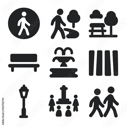 Walkable City Icons. Solid, filled icon set of walkable city design: pedestrian zone, footpath, urban park, street bench, fountain