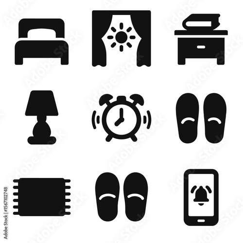 Wake-up Icon Set. Solid, filled icon set of wake-up environment: bed, open curtain, sunlight, nightstand, book, bedside lamp,