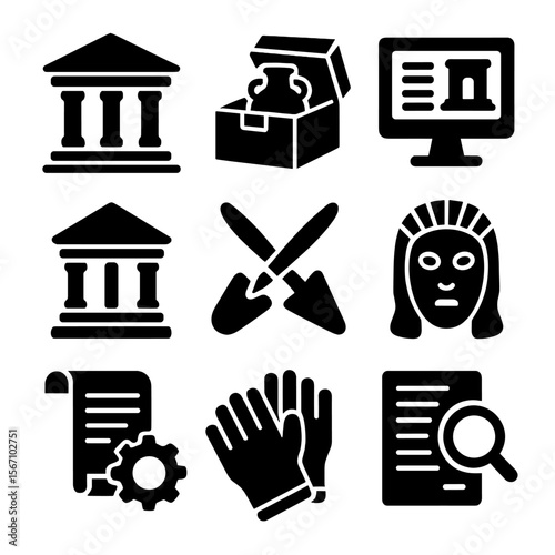 Preservation Icons Grid. Solid, filled icons set of cultural, historical, and scientific preservation efforts:
