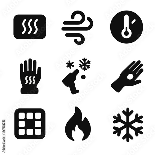 VR Thermal Feedback Icons. Solid, filled icon set of thermal feedback in VR: heat patch, cool breeze icon, temperature dial, warm