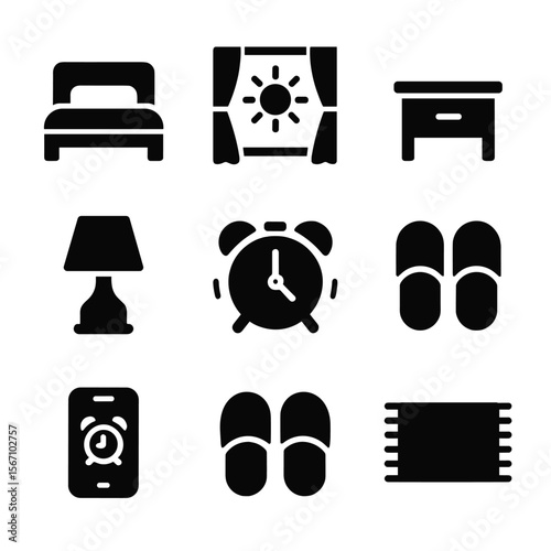 Wake-up Icon Set. Solid, filled icon set of wake-up environment: bed, open curtain, sunlight, nightstand, book, bedside lamp,