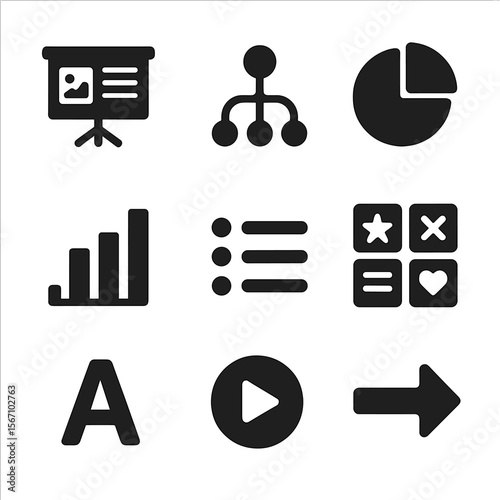 Presentation Icons Grid. Solid, filled icons set of presentation design: slide deck, infographic, pie chart,