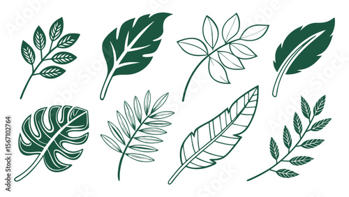 Modern vector illustration featuring a grid of various green leaf icons, Set of green leaf icons. Leaves of trees and plants, Elements design for natural, eco, bio, vegan labels, easily editable