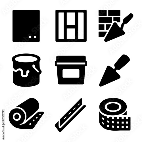 Wall Construction Icons. Solid, filled icon set of wall construction items: drywall, wall studs, plaster, wall paint can, joint