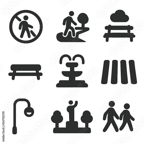 Walkable City Icons. Solid, filled icon set of walkable city design: pedestrian zone, footpath, urban park, street bench, fountain