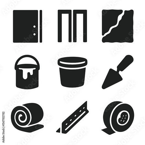 Wall Construction Icons. Solid, filled icon set of wall construction items: drywall, wall studs, plaster, wall paint can, joint