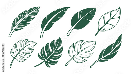 Modern vector illustration featuring a grid of various green leaf icons, Set of green leaf icons. Leaves of trees and plants, Elements design for natural, eco, bio, vegan labels, easily editable