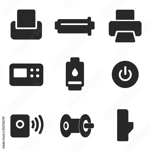 Printer Parts Icons. Solid, filled icons set of common printer parts: paper feeder, toner cartridge, paper