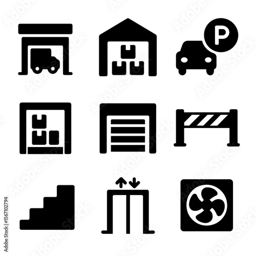 Warehouse Icon Set. Solid, filled icon set of warehouse infrastructure: loading bay, warehouse building, parking area, storage