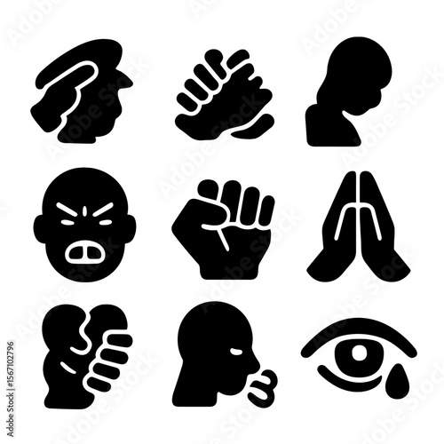 War-Time Emotional Icons. Solid, filled icon set of war-time emotions and gestures: saluting hand, folded hands, bowed head,