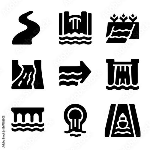 Water Channels Icons. Solid, filled icon set of water channels: river curve, canal lock, irrigation channel, water stream, flow