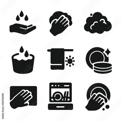 Washing Steps Icons. Solid, filled icon set of washing steps: rinse, scrub, soap lather, rinse water, drying, stacking dishes,