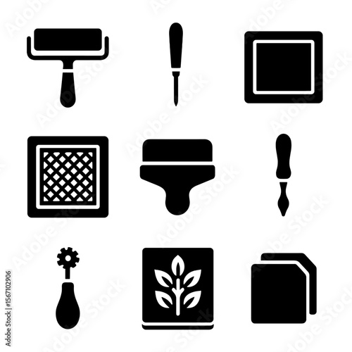 Printmaking Tools Icons. Solid, filled icons set of printmaking equipment: brayer, etching needle, inking