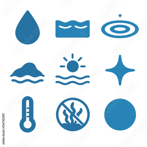 Pristine Water Icons. Solid, filled icons set of pristine water elements: water droplet, glassy surface,