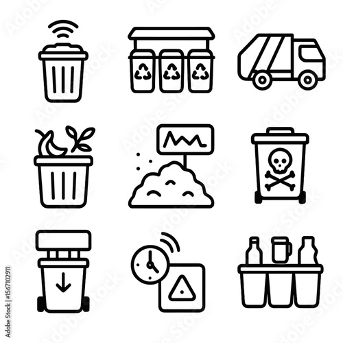 Waste Management Icons. Solid, filled icon set of waste management: smart trash bins, recycling stations, waste collection trucks,