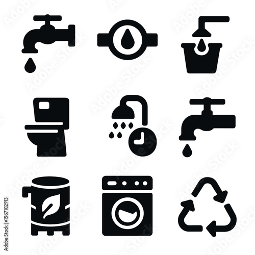 Water Conservation Icons. Solid, filled icon set of water conservation: dripping faucet, water meter, bucket collection, dual