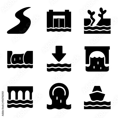 Water Channels Icons. Solid, filled icon set of water channels: river curve, canal lock, irrigation channel, water stream, flow