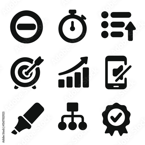 Productivity Icon Set. Solid, filled icons set of productivity and focus tools: do not disturb icon, focus