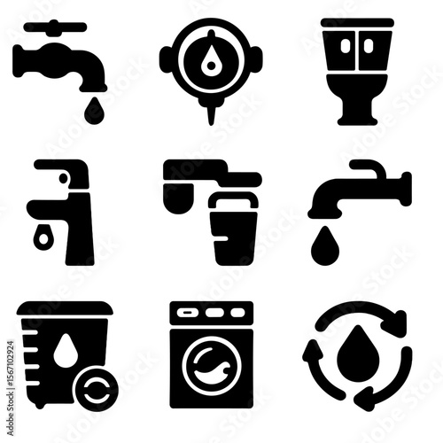 Water Conservation Icons. Solid, filled icon set of water conservation: dripping faucet, water meter, bucket collection, dual