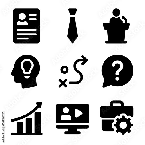 Professional Development Icons. Solid, filled icons set of professional development workshops: resume paper,