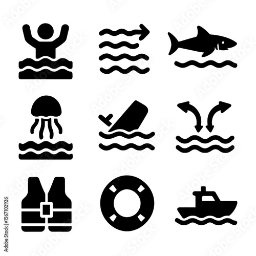 Water Hazard Icons. Solid, filled icon set of water dangers: drowning, strong currents, shark, jellyfish, boat capsizing, rip tide