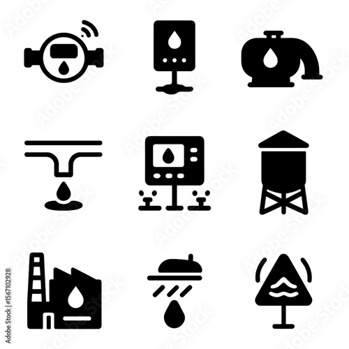 Water Management Icons. Solid, filled icon set of water management: smart meters, leak detectors, water pumps, drainage systems,