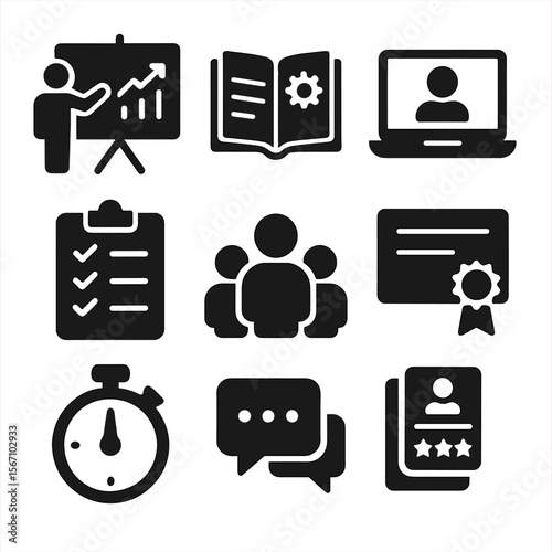 Professional Development Icons. Solid, filled icons set of professional development sessions: presentation