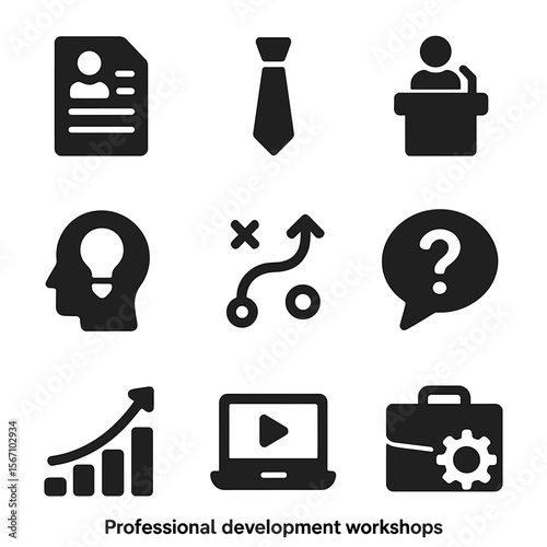 Professional Development Icons. Solid, filled icons set of professional development workshops: resume paper,