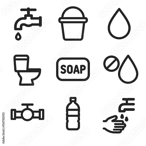 Water Aid Icons. Solid, filled icon set of Water and sanitation aid: water tap, bucket, water drop, sanitation toilet, soap bar,