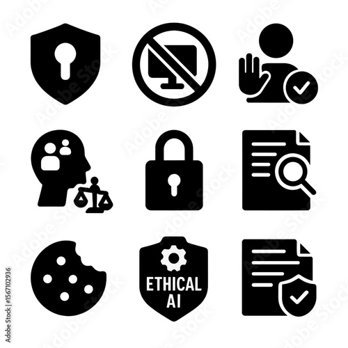 Privacy and Ethics Icons. Solid, filled icons set of privacy and ethics in recommendations: data shield,