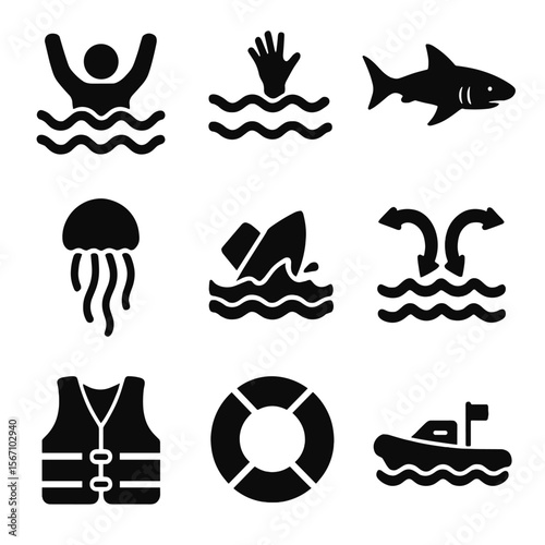 Water Hazard Icons. Solid, filled icon set of water dangers: drowning, strong currents, shark, jellyfish, boat capsizing, rip tide