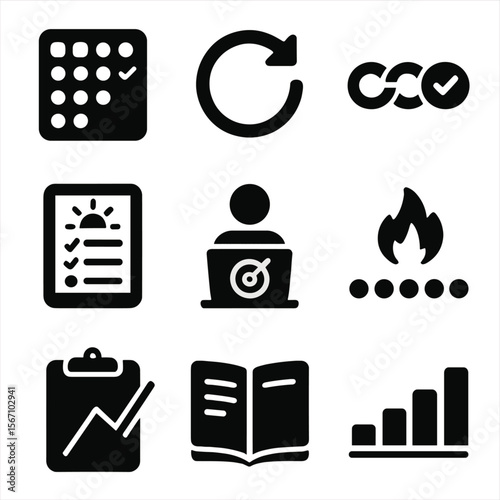 Productivity Icons Grid. Solid, filled icons set of productivity habits and routines: habit tracker, repeat