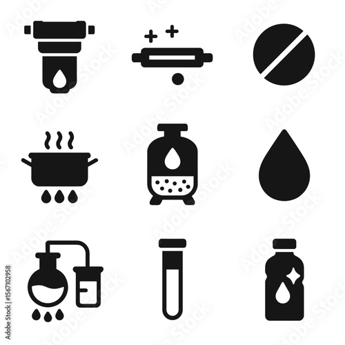 Water Purification Icons. Solid, filled icon set of water purification methods: water filter, UV lamp, chlorine tablet, boiling