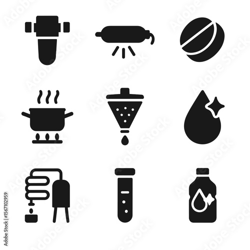 Water Purification Icons. Solid, filled icon set of water purification methods: water filter, UV lamp, chlorine tablet, boiling