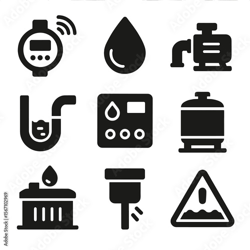 Water Management Icons. Solid, filled icon set of water management: smart meters, leak detectors, water pumps, drainage systems,